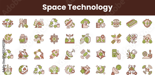 A vibrant collection of space technology icons featuring green and earth tones, representing innovation in sustainability, exploration, and research in outer space.