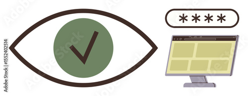 Large eye with green checkmark, password entry box, and monitor suggest secure access verification. Ideal for privacy, authentication, security, identity, approval login user safety. Simple flat