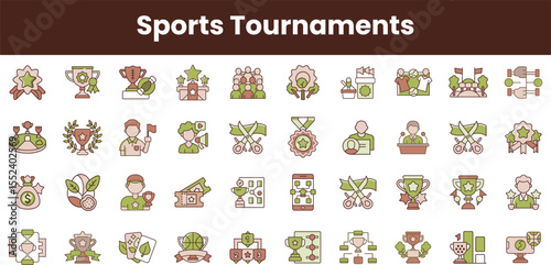 A vibrant collection of sports tournament icons featuring various themes like trophies, medals, athletes, and events, showcasing the spirit of competition in a playful style.