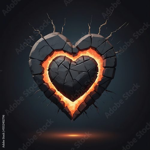 A cracked, burning heart shape made of stone suspended in a void, symbolizing emotional destruction caused by hatred