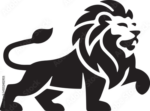 Silhouette of a lion in a stylized, tribal design. The lion is depicted in black against a white background 