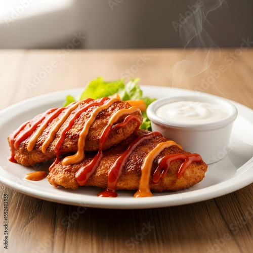 Delicious Spicy Chicken with Creamy Ranch Dip on a Plate