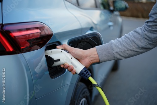 Close up of hand inserting charging cable into electric vehicle, showcasing eco friendly technology and sustainable transportation practices