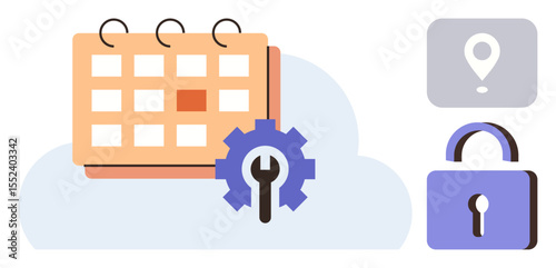 Calendar with gear on cloud, location pin, and lock icon representing security, scheduling, organization, data protection, cloud storage, privacy and access control. Ideal for simple flat metaphor