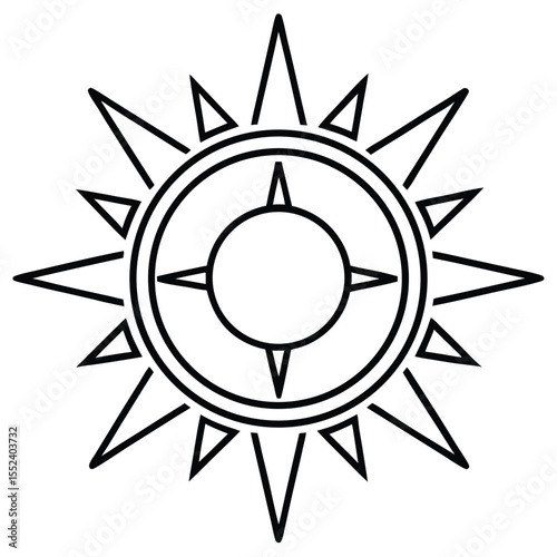 Minimalist black and white line art icon representing a sun compass or uv protection symbol