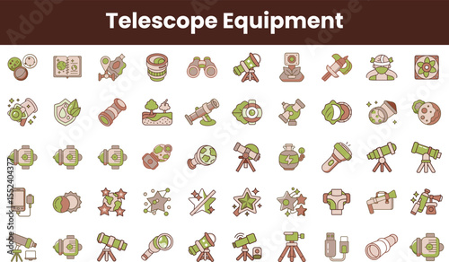 A colorful array of telescope equipment icons, showcasing various tools for astronomy enthusiasts, including telescopes, binoculars, and related accessories.