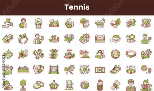 A colorful collection of tennis-themed icons, showcasing various aspects of the sport such as players, equipment, and court elements in a playful design.