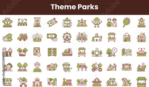 A colorful collection of playful icons representing various elements of theme parks, including rides, attractions, and activities, all in a whimsical and engaging style.