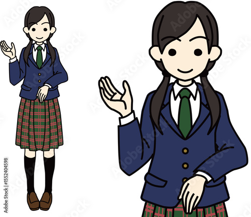 右手をあげて案内するブレザー制服の女子高生
