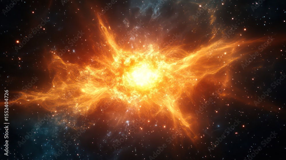 Fototapeta premium Fiery cosmic explosion with swirling nebula and distant stars in deep space