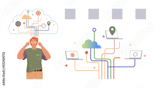 Person analyzing cloud data connections, laptops showing data integration, network lines linking locations. Ideal for technology, cloud storage, data transfer, analysis, innovation, problem-solving