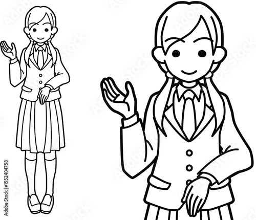 右手をあげて案内するブレザー制服の女子高生線画