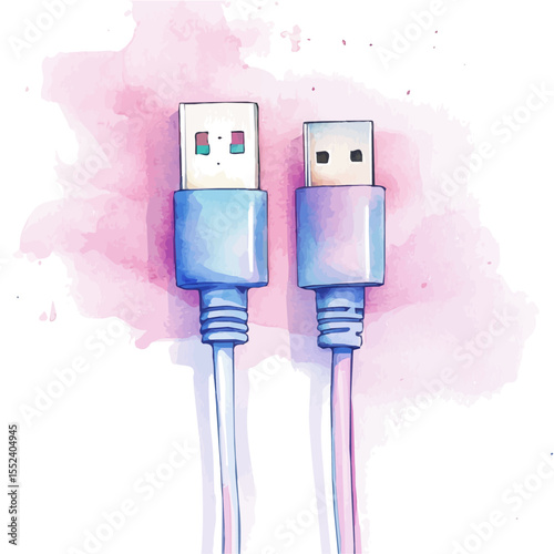 USB Data Cable, watercolor drawing vector, isolated on a white background.