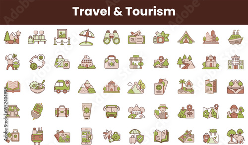A vibrant collection of travel and tourism icons, featuring diverse activities and destinations, ideal for enhancing travel-related projects and designs.