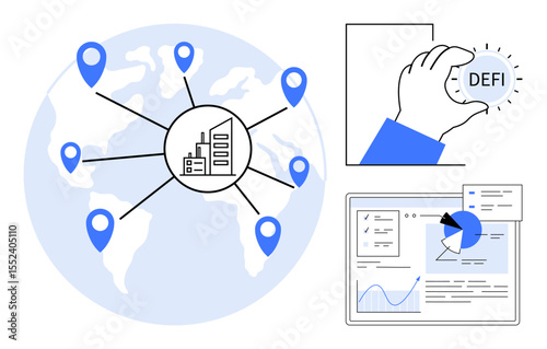 Company surrounded by location markers, hand holding DEFI concept, dashboard with graphs and data. Ideal for fintech, globalization, analytics, startups, blockchain, logistics simple landing page