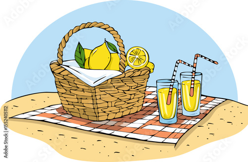 Picnic with a wicker basket, lemonade in old glasses and a checkered tablecloth on the sand.