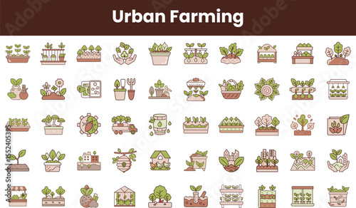 A colorful collection of urban farming icons showcasing various plants, gardening tools, and sustainable agriculture concepts, arranged in a visually appealing grid.