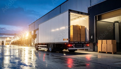 Commercial Truck Unloading Cargo Into Warehouse Loading Dock at Dusk