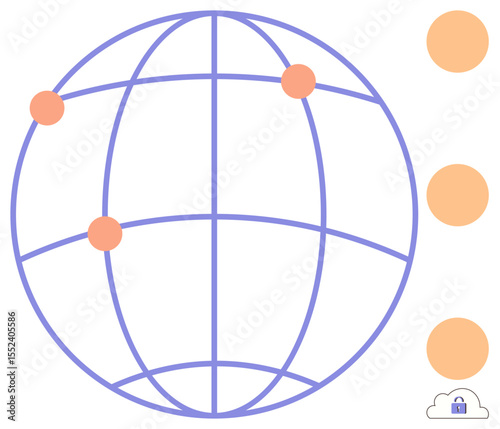 Globe with interconnected nodes, highlighted connection points, cloud icon with lock, and circular elements. Ideal for digital security, global access, data storage, communication, technology