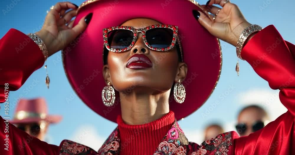 Fashion video featuring a woman in a red hat sunglasses and sparkling makeup set against a blue sky with other models in the background