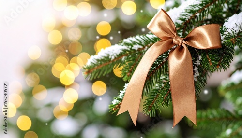 Festive Golden Bow Adorns Snowy Evergreen Branch with Bokeh Lights
