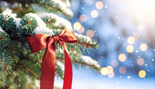 Festive Winter Holiday Decoration with Red Bow on Pine Tree Branch