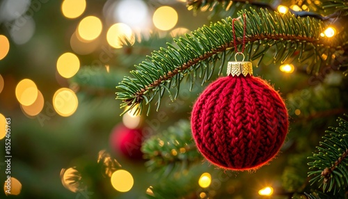 Festive Red Ornament Hangs on a Branch of a Christmas Tree with Bokeh Lights