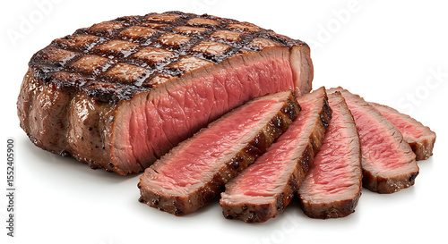 Grilled picanha steak sliced and served medium rare, isolated on white — iconic Brazilian barbecue meat cut in close-up