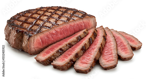 Grilled picanha steak sliced and served medium rare, isolated on white — iconic Brazilian barbecue meat cut in close-up