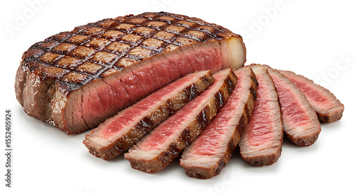 Grilled picanha steak sliced and served medium rare, isolated on white — iconic Brazilian barbecue meat cut in close-up