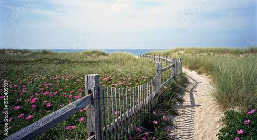 Hamptons coastal pathway through beach dunes with wooden fence, scenic oceanfront walkway for luxury vacation rental website banners and travel marketing headers