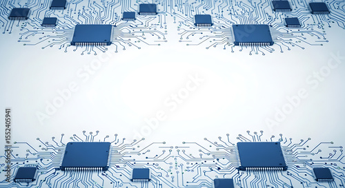 High-tech digital circuit frame on the top and bottom of a plain white background, with wide empty center space for text or visuals