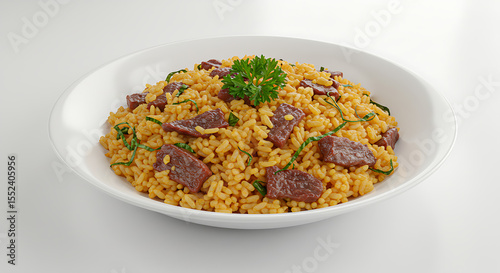 Plate with arroz carreteiro (rice with dried beef), garnished with parsley, isolated on white background — rustic gaucho-style comfort food
