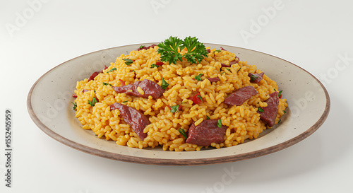 Plate with arroz carreteiro (rice with dried beef), garnished with parsley, isolated on white background — rustic gaucho-style comfort food