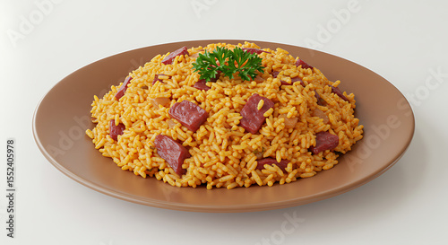 Plate with arroz carreteiro (rice with dried beef), garnished with parsley, isolated on white background — rustic gaucho-style comfort food