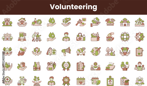 A colorful collection of volunteering-themed icons illustrating community service, environmental care, health support, and education, showcasing diverse ways to contribute positively.