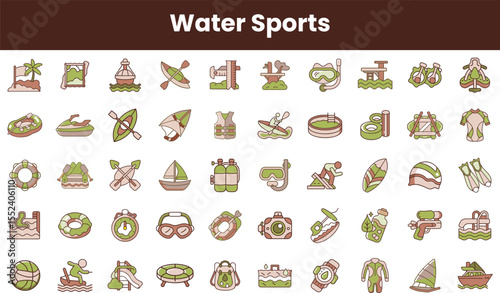 A vibrant collection of water sports icons, featuring kayaks, diving gear, and floating devices, showcasing a lively aquatic theme with various engaging activities.