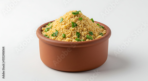 Farofa (toasted cassava flour mix) served in a small bowl with parsley garnish, isolated on white — Brazilian side dish in rustic style