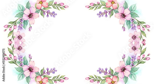 Delicate watercolor floral frame on all four sides with spacious white center area