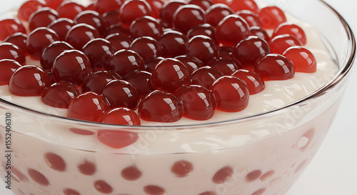 Traditional Brazilian sagu dessert with red grape syrup in a clear glass bowl, isolated on white — regional sweet dish close-up