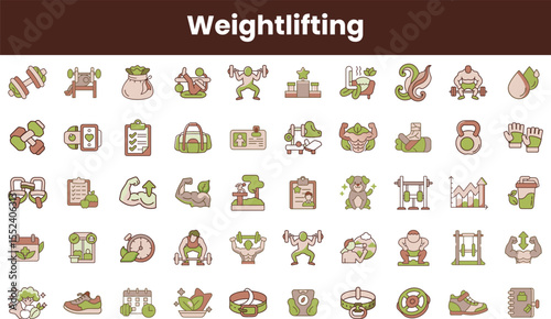 A comprehensive collection of weightlifting icons featuring diverse equipment and exercises, illustrating fitness concepts with a modern and clean design.