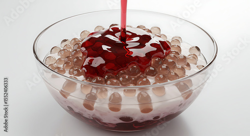 Traditional Brazilian sagu dessert with red grape syrup in a clear glass bowl, isolated on white — regional sweet dish close-up