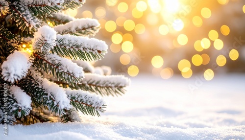 Winter Snowy Christmas Tree with Warm Golden Bokeh Lights