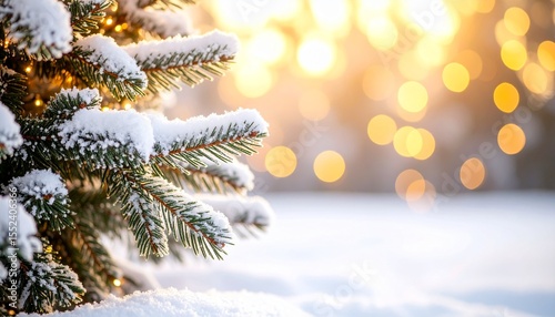 Close up of snow covered fir tree branches with glowing golden bokeh lights in the background