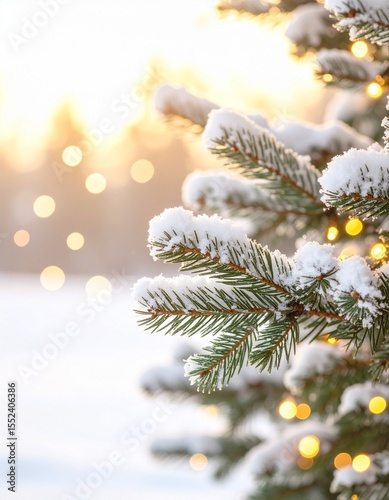 Winter Scene Snowy Evergreen Branches with Golden Lights