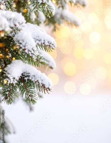 Snow covered evergreen branches with warm glowing lights in the background creating a festive winter scene