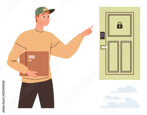Delivery worker with cap and parcel points at a smart secure door with keypad lock. Ideal for delivery, technology, safety, security, e-commerce, smart home access, simple flat metaphor
