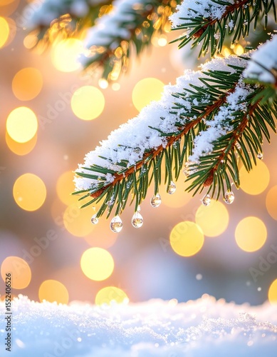 Snowy Fir Branch with Sparkling Festive Bokeh Lights in Winter
