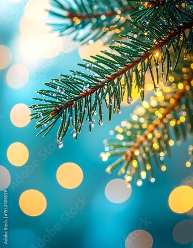 Close Up Macro Shot of a Pine Branch with Water Droplets and Bokeh Lights Background