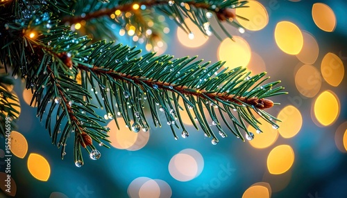 Close up of wet pine branch with bokeh lights in the background